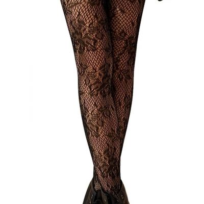 2 X Women's Stretch Black Fishnet And Floral Lace Stockings One Size
