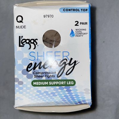 Leggs Sheer Energy Control Top Compression |Medium Support 2 Pair Size Q Nude
