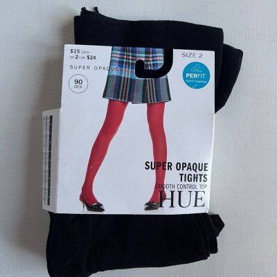 HUE Black Super  Opaque Tights w/ Smooth Control Top Womens Size 2 | 90 Denier