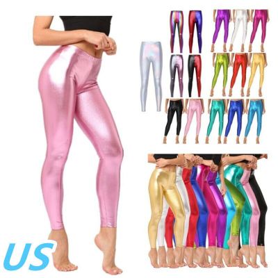 US Women Faux Leather Tights Pants Shiny Metallic Pants Stretch Skinny Trousers