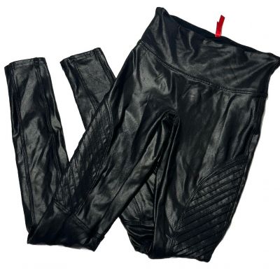 SPANX Black Faux Leather Moto Leggings Textured Shiny Womens Size Petite XS