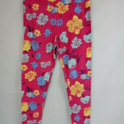New LuLaRoe Tall & Curvy Leggings Bright Pink With Blue & Yellow Floral Design