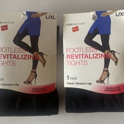 2 Hanes Style Essentials Footless Revitalizing Tights Black Opaque Leg Sz L/XL