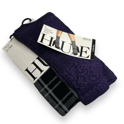 HUE Black Plaid Knee Hi Aubergine Luster Brocade Variety One Size 2 Pairs