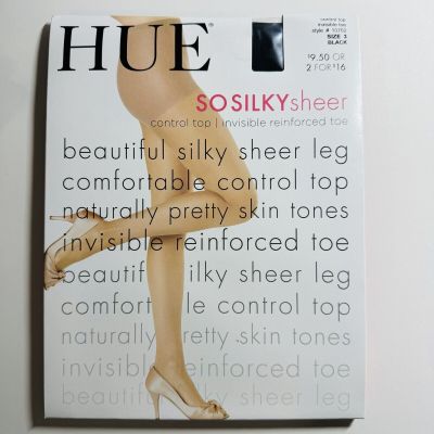 New HUE So Silky Sheer Control Top Pantyhose Invisible Toe Womens Sz 3 Black
