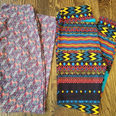Lularoe One Size Leggings Lot of 2 EXC Bright Tribal Print Watercolor Gray OS