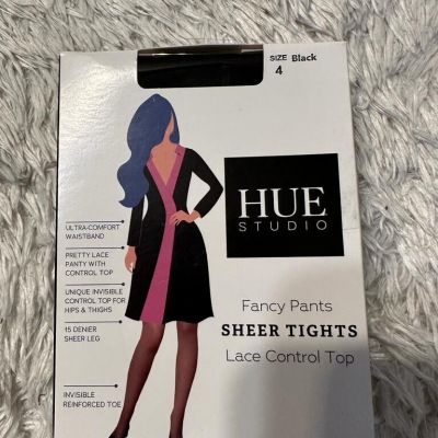 Hue Studio Women's Tights Lace Control Top High Waisted Black Size 4