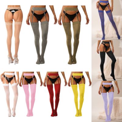 Women See-Through Stockings Tights Oil Glossy Floral Lace Suspender Pantyhose