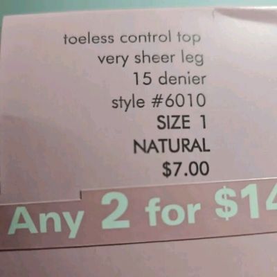 New HUE Toeless Control Top Pantyhose Very Sheer Leg Natural Size 1 Style 6010