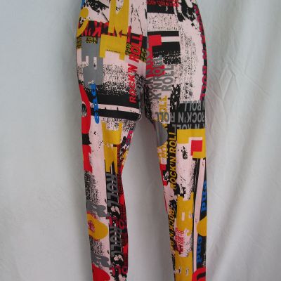 80s 90s Look Rock & Roll Fashion Theme Print Stretch Pull On Leggings Pants S