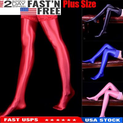 Women Oil Shiny Glossy Satin High Stockings Silicone Stay Up Thigh-Highs Hosiery