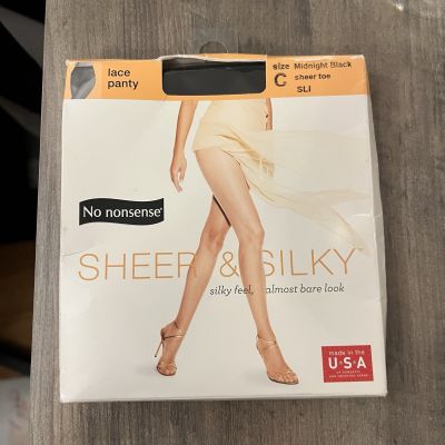 No Nonsense Sheer & Silky Pantyhose Size C Lace Panty Midnight Black Sheer Toe