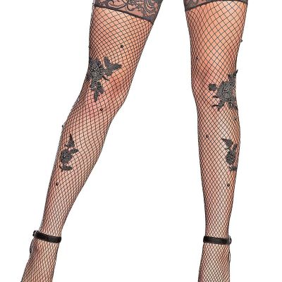 Womens Fishnet Thigh Highs Black Venice Applique Stay Up Stockings Black OS