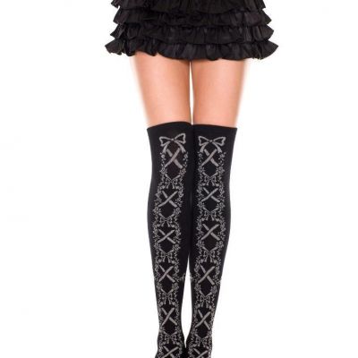 NEW sexy MUSIC LEGS criss-cross RIBBON flowers FLORAL bows THIGH highs STOCKINGS