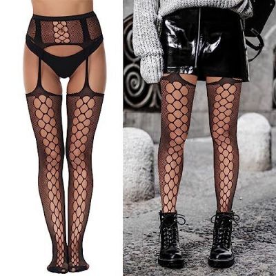 5 Pairs Black Fishnet Thigh High Garter Stockings Fish Net Tights for Women -...