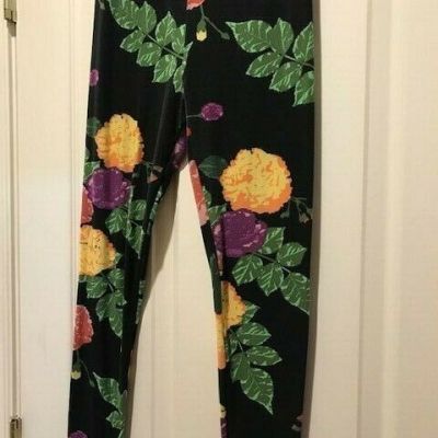 LulaRoe Black with Bright Floral Flowers and Leaves Leggings , One Size