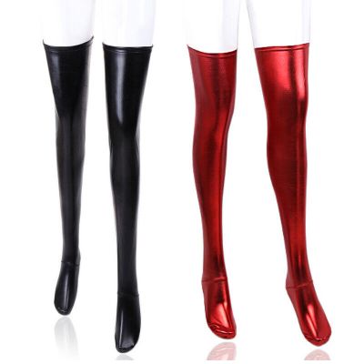 Women's Elastic Shiny Wet Look Thigh High Stockings Sexy Lingerie Costume Black