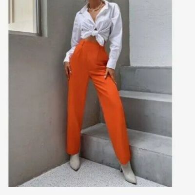 Women's Bright Bold Orange Elastic Waist Zip Stretch Skinny Leggings Pants