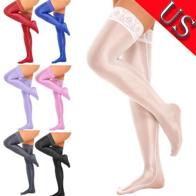 US Womens Lace Silk Thigh Stockings Hold Up Glossy Knee High Stockings Socks