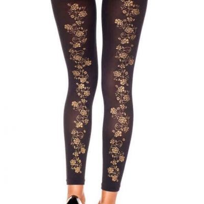 Golden Floral Scroll Women Leggings Opaque Black Hosiery Music Legs Fashion New