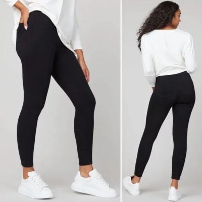 SPANX Jean-ish Ankle Leggings Stretch Pull-On Back-Pocket Black Twill Women's XL
