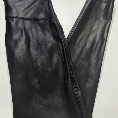 SPANX Black Faux Leather Leggings Shiny Coated Women's Size Large Athleisure