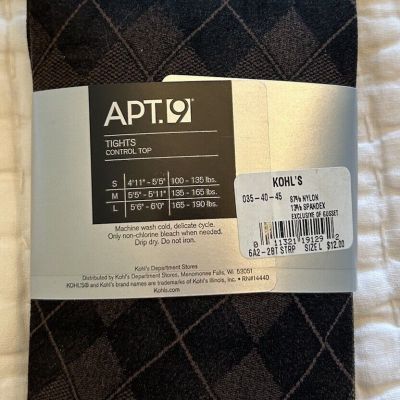 NEW/NIP! APT. 9 Opaque Argyle Tights ~Control Top ~Size Large ~Black and Brown