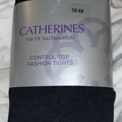 Auth Catherines Control Top Fashion Tights Floral Pattern Black Plus Size 5X-6X
