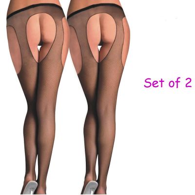 Lady Sexy Pantyhose Hollow Out Fishnet Sheer Tights High Stockings Black 2PCS