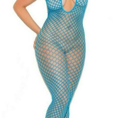 Plus Size Crochet Bodystocking Footless Neon Blue Womens Hosiery Size Queen