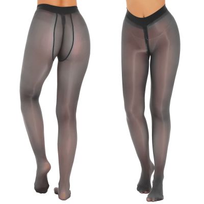 US Womens Pantyhose Solid Color See-through Zipper Crotch Tights Footed Ice Silk