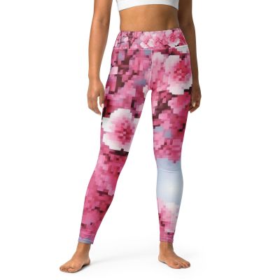 Yoga Leggings, Pixel Pink Cherry blossom Spring Style Fun Fitness Floral Pants