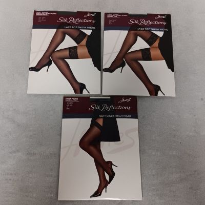 Hanes Lace Top Thigh Highs Stockings 3 Size AB Jet Black Barely Black