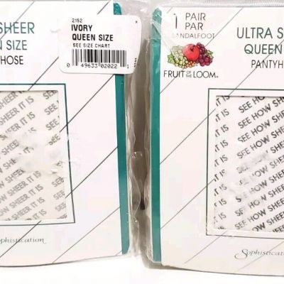 x2 Vtg Fruit Of The Loom Pantyhose Ivory Size Queen XL Ultra Sheer 2004