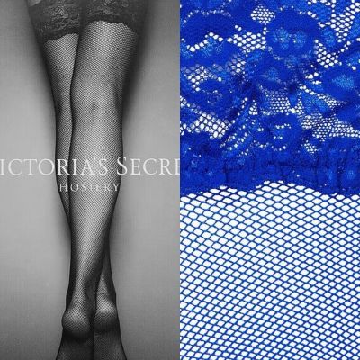 Victoria's Secret Stockings Lace Top Thigh Highs Pantyhose Fishnet Blue L
