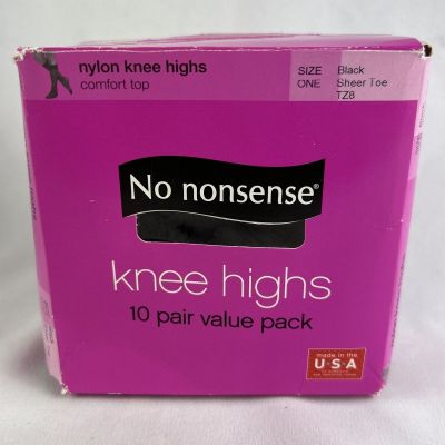 No Nonsense Knee Highs 10 Pair S/M TZ8 Black Sheer Toe Comfort Top