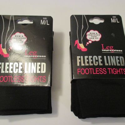 2 NIP LEG IMPRESSIONS FLEECE LINED FOOTLESS TIGHTS~M-L~Solid Black~BRAND NEW!
