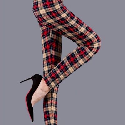 Fashion Plaid Print Leggings Casual High Waist Elastic Bottoms Slim Clothing Red