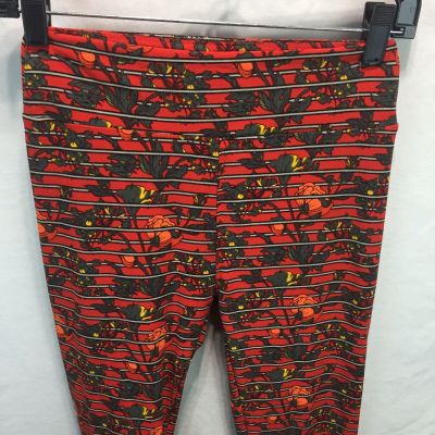 LuLaRoe One Size Red Striped Poppy Floral Leggings H16