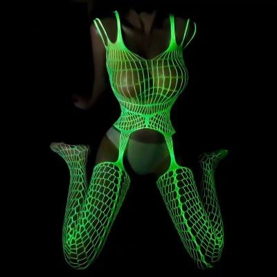 LUM5 Luminous Suspender Style Fishnet Bodystocking O/S