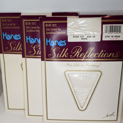 3 Vintage 1989 Hanes Silk Reflections Silky Control Top Pantyhose White Size CD