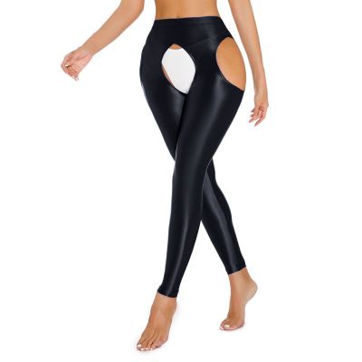 US Women's Glossy Tights Open Crotch Trousers Sports Yoga Trousers Stretch Pants