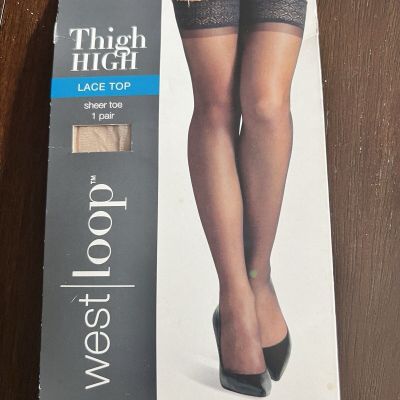 West Loop Thigh High Lace Top Sheer Toe Beige Mist 1 Pair Size L/XL