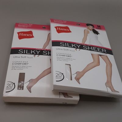 2 pair Hanes SILKY SHEER CONTROL Top Sheer Leg Pantyhose Size Medium NUDE