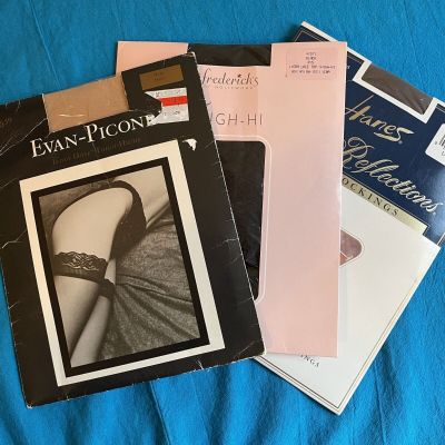 Lot of 3 Vintage Thigh High Tan & Black Sheer Stockings for Garters Size S