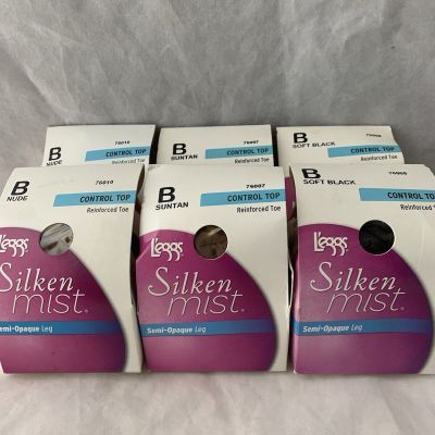 Lot of 6 Pair Leggs Silken Mist Control Top Pantyhose SIZE B Assorted         P3