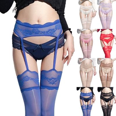Lace Hollow Out Oil Shiny Thigh High Stockings with Garter Belt Sexy Lingerie
