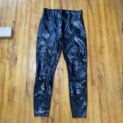 SPANX Black Faux Patent Leather Leggings Liquid Gloss Shape Stretch Shiny Large