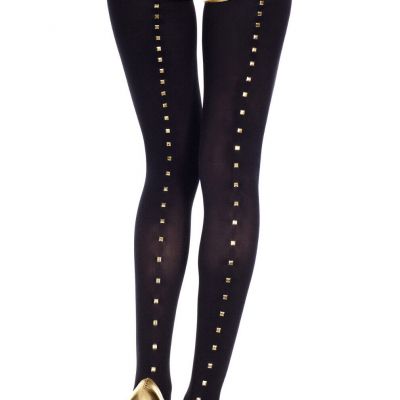 Women's Pantyhose Black Opaque with Gold Studs Back Seam with Spandex Tights