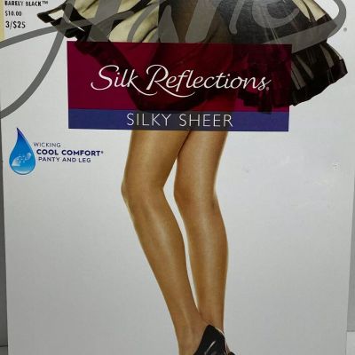 3 X Hanes Silk Reflections Silky Sheer Control Top 718 AB Barely Black Pantyhose